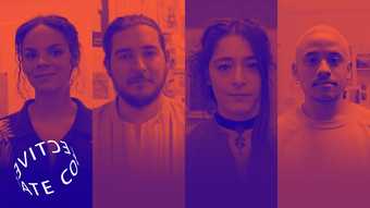 Four portraits of people looking at the camera with a red and blue filter